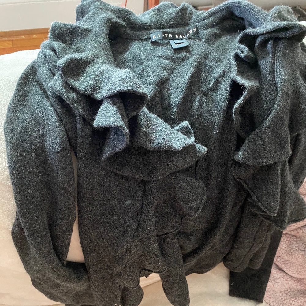 Ralph Lauren Grey Ruffled Sweater Cardigan